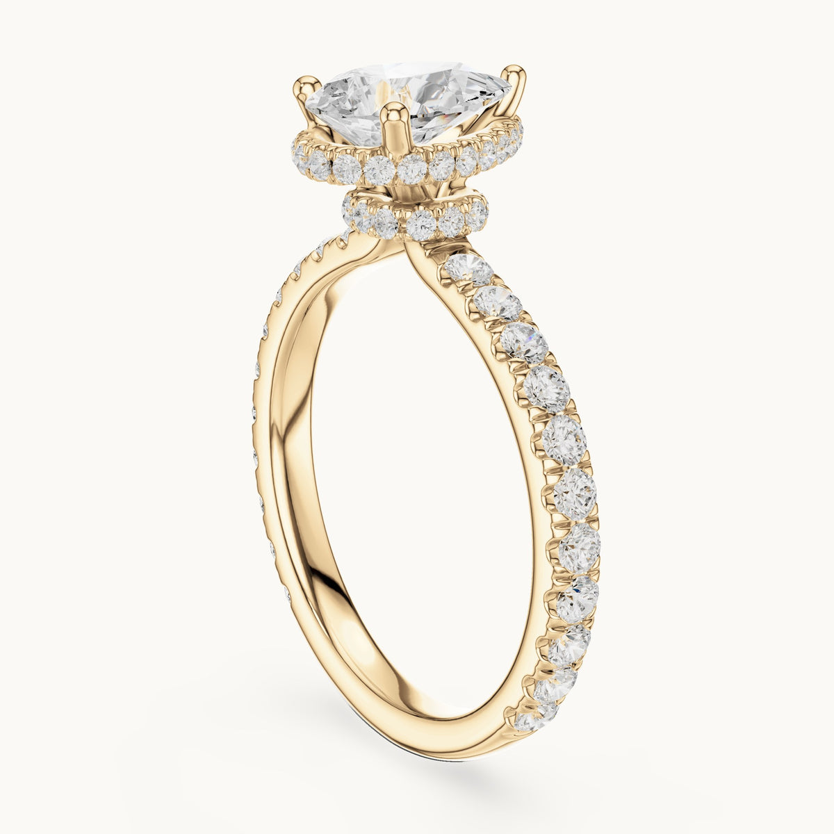 Pear lab-grown diamond pavé collar hidden halo engagement ring in yellow gold, 2.15 CT TW, view 1
