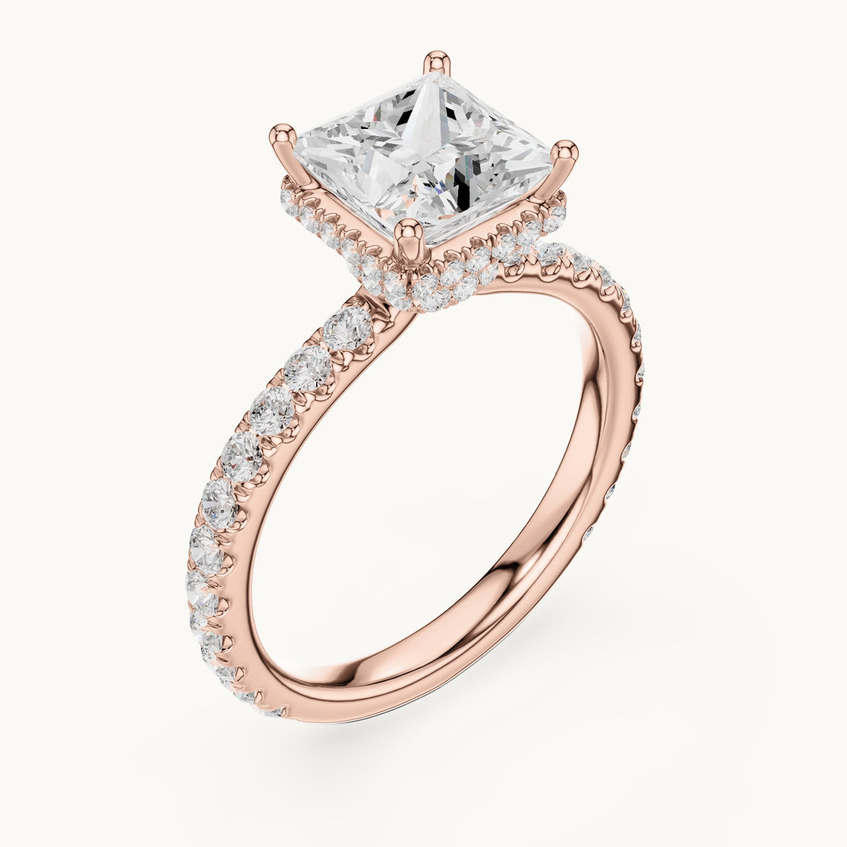 Princess-cut lab-grown diamond pavé collar hidden halo engagement ring in rose gold, 2.15 CT TW, view 2