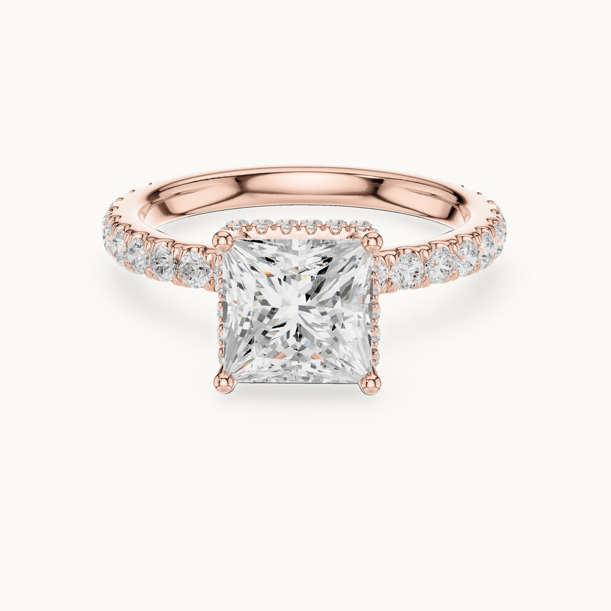 Princess-cut lab-grown diamond pavé collar hidden halo engagement ring in rose gold, 2.15 CT TW, view 4