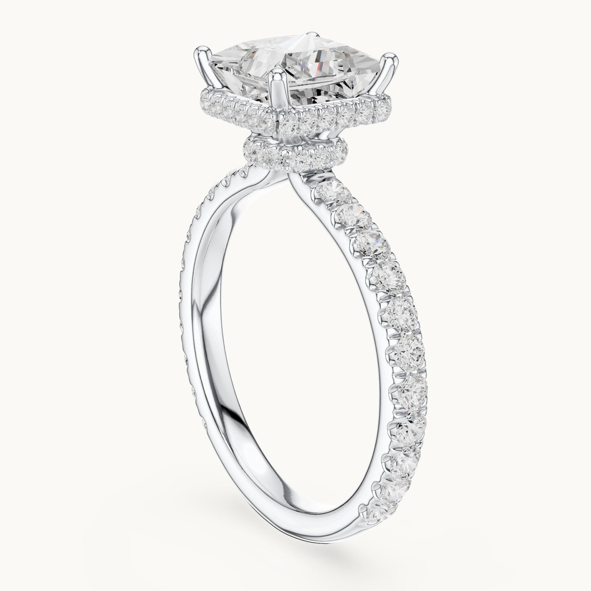 Princess-cut lab-grown diamond pavé collar hidden halo engagement ring in white gold, 2.15 CT TW, view 1