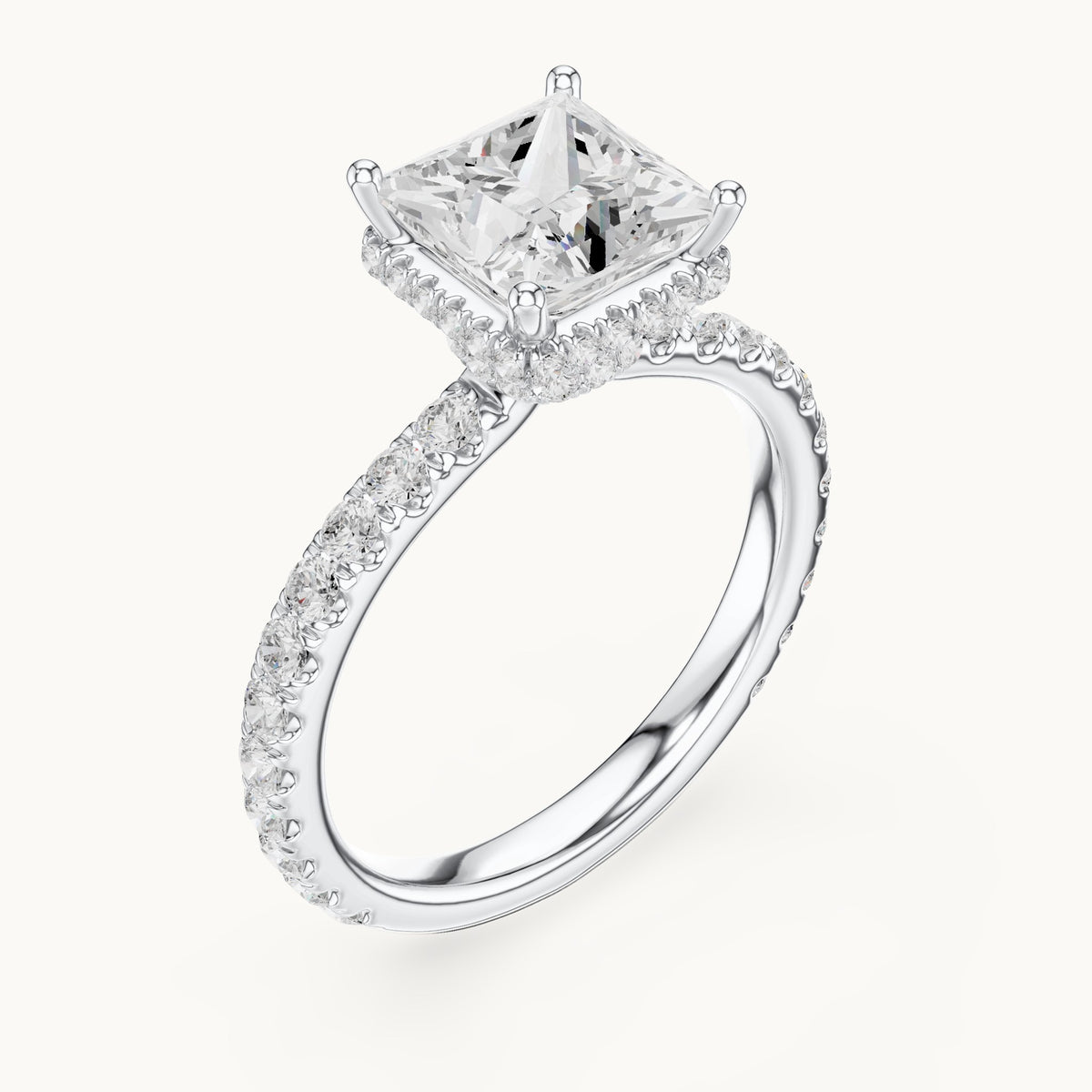 Princess-cut lab-grown diamond pavé collar hidden halo engagement ring in white gold, 2.15 CT TW, view 2
