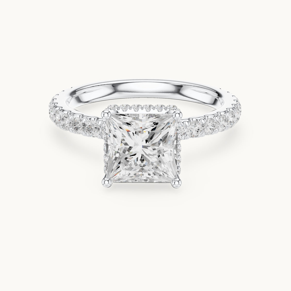 Princess-cut lab-grown diamond pavé collar hidden halo engagement ring in white gold, 2.15 CT TW, view 4