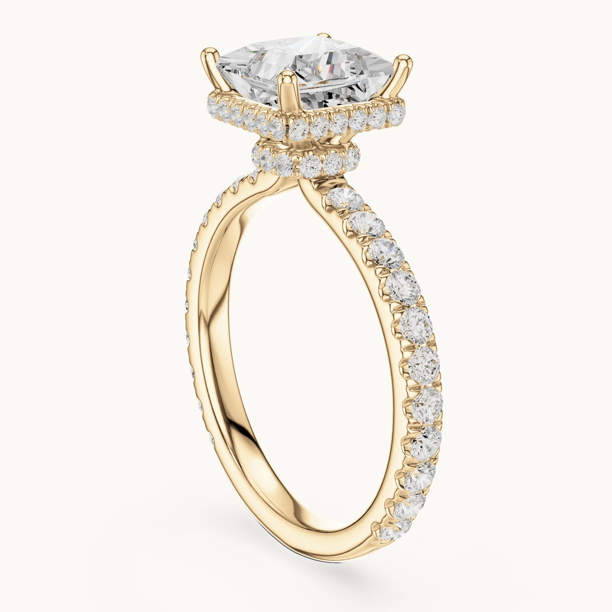 Princess-cut lab-grown diamond pavé collar hidden halo engagement ring in yellow gold, 2.15 CT TW, view 1