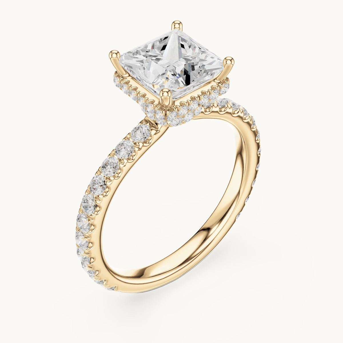 Princess-cut lab-grown diamond pavé collar hidden halo engagement ring in yellow gold, 2.15 CT TW, view 2
