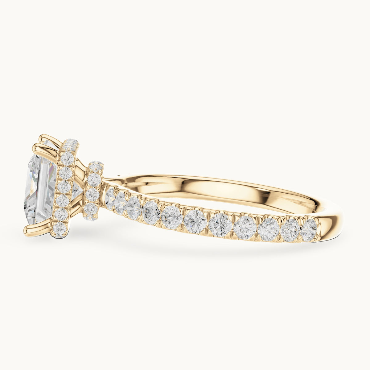 Princess-cut lab-grown diamond pavé collar hidden halo engagement ring in yellow gold, 2.15 CT TW, view 3