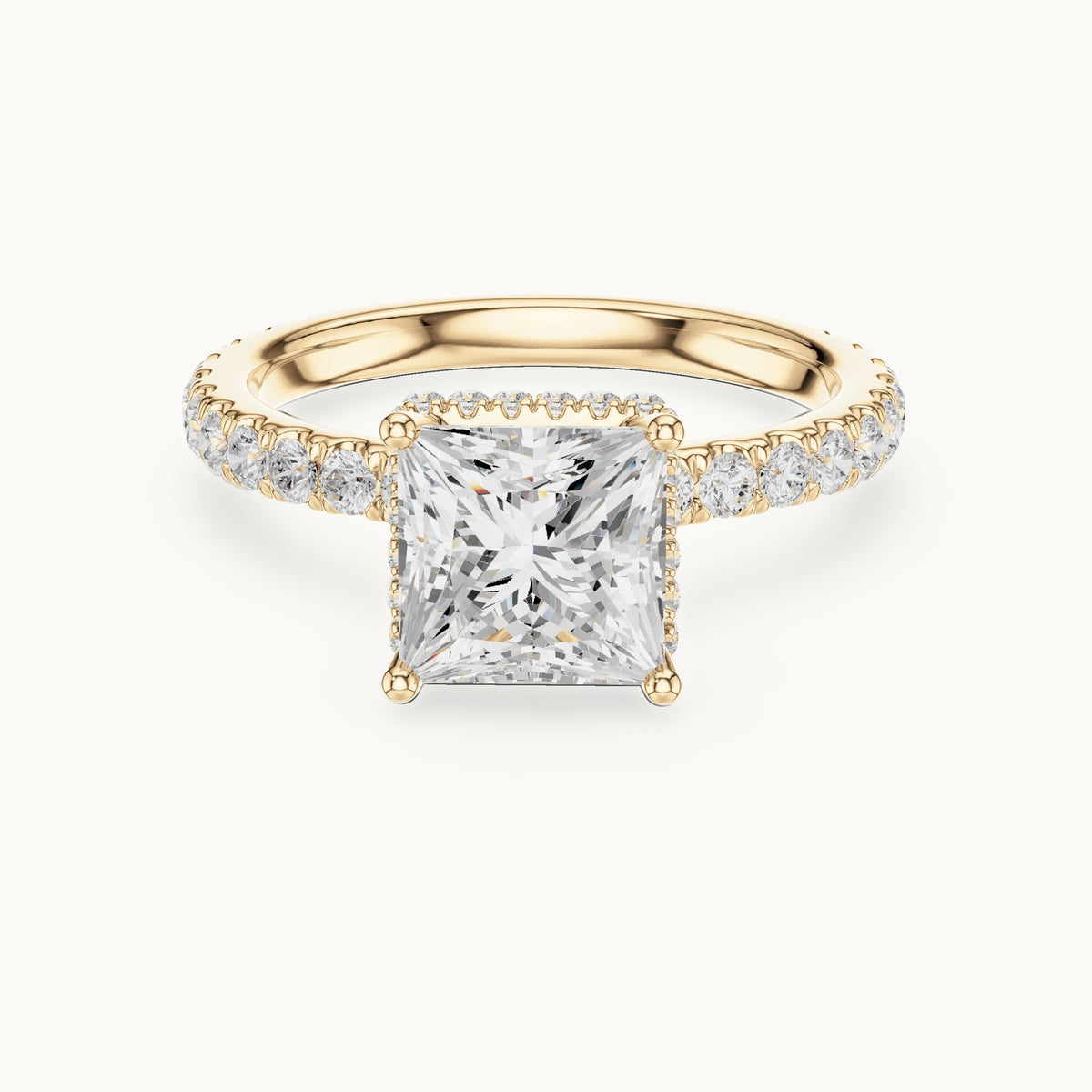 Princess-cut lab-grown diamond pavé collar hidden halo engagement ring in yellow gold, 2.15 CT TW, view 4
