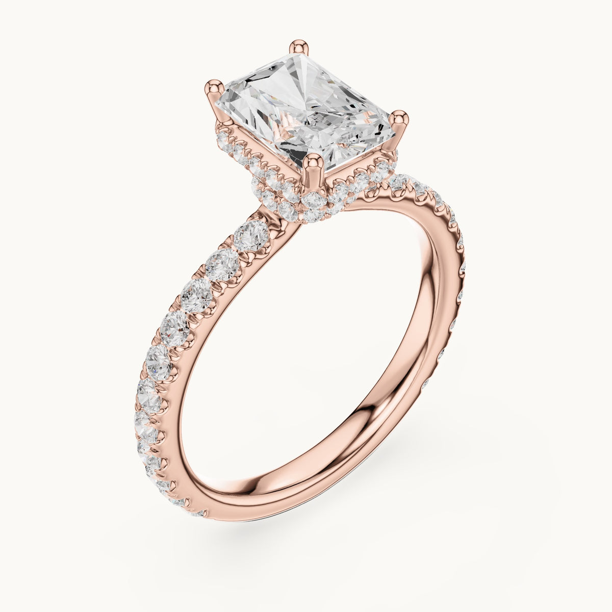 Radiant-cut lab-grown diamond pavé collar hidden halo engagement ring in rose gold, 2.14 CT TW, view 2