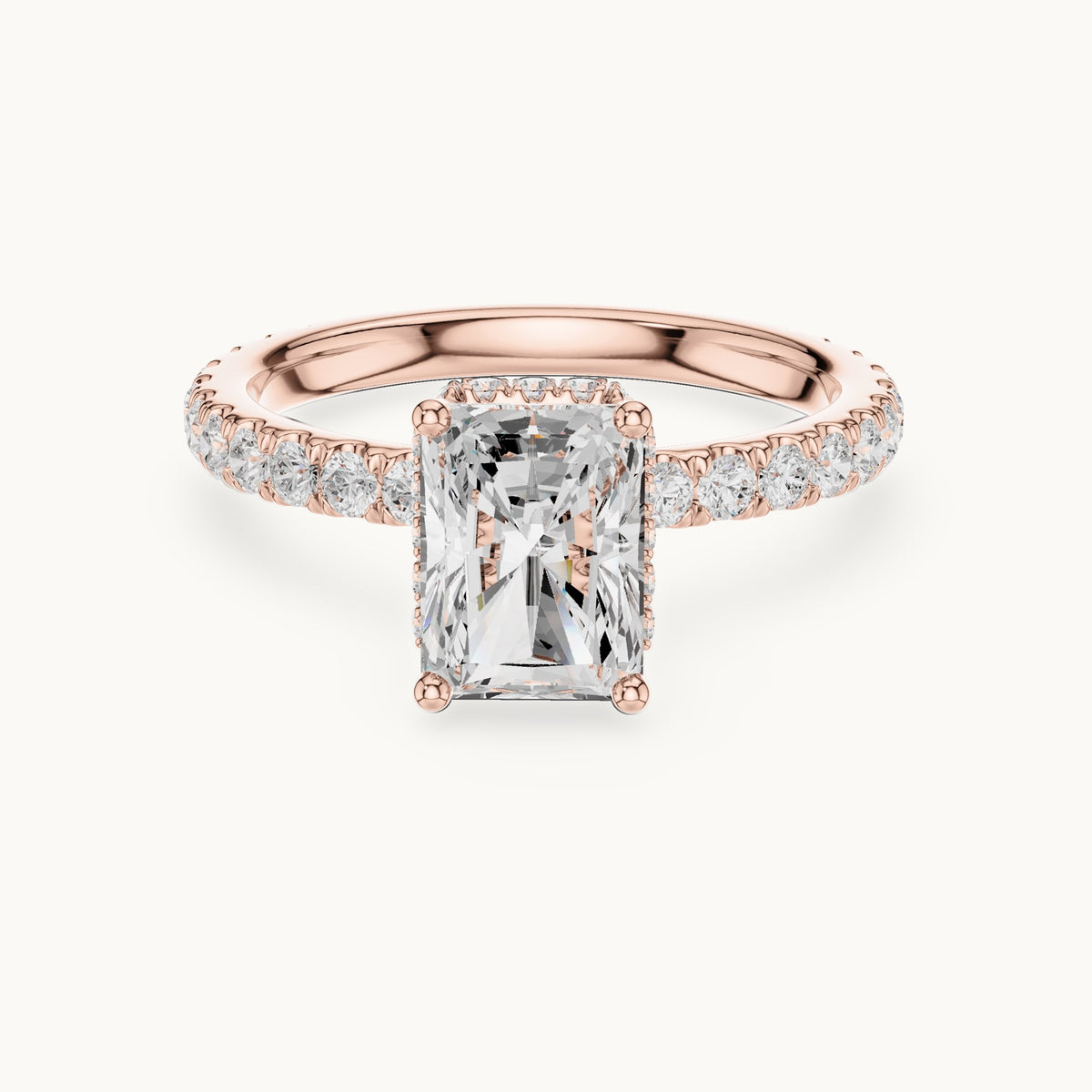 Radiant-cut lab-grown diamond pavé collar hidden halo engagement ring in rose gold, 2.14 CT TW, view 4