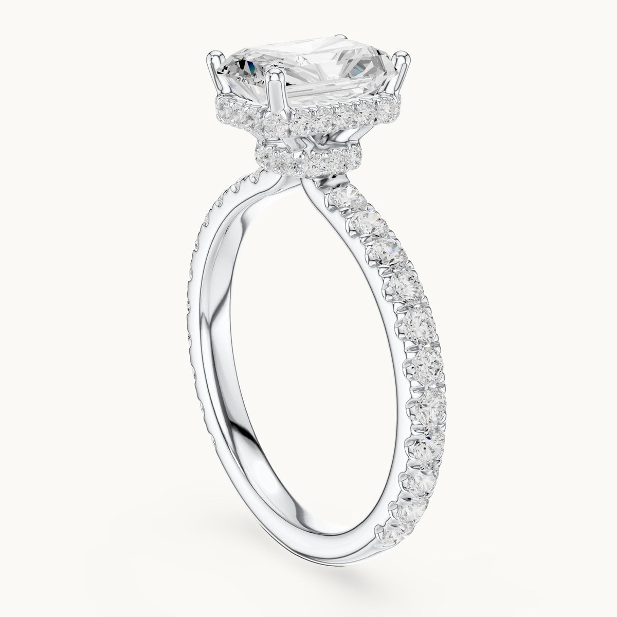 Radiant-cut lab-grown diamond pavé collar hidden halo engagement ring in white gold, 2.14 CT TW, view 1