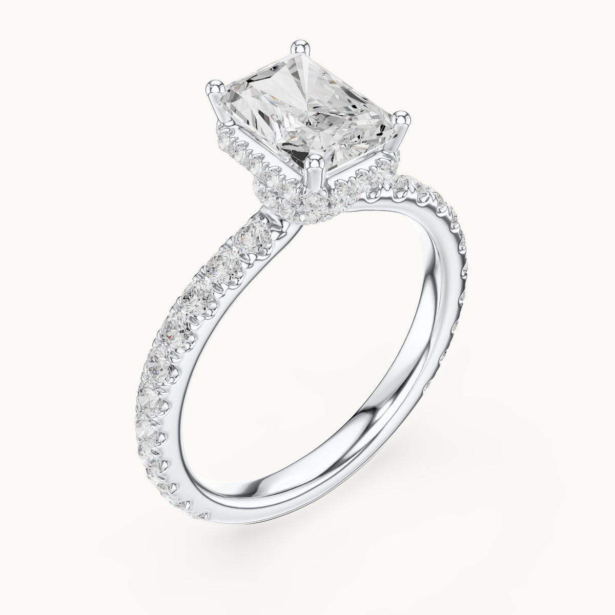 Radiant-cut lab-grown diamond pavé collar hidden halo engagement ring in white gold, 2.14 CT TW, view 2