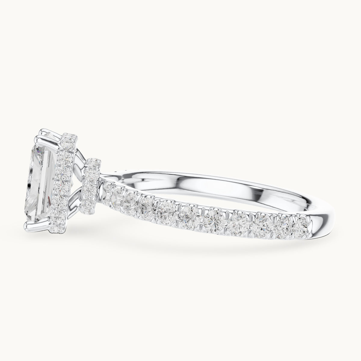 Radiant-cut lab-grown diamond pavé collar hidden halo engagement ring in white gold, 2.14 CT TW, view 3