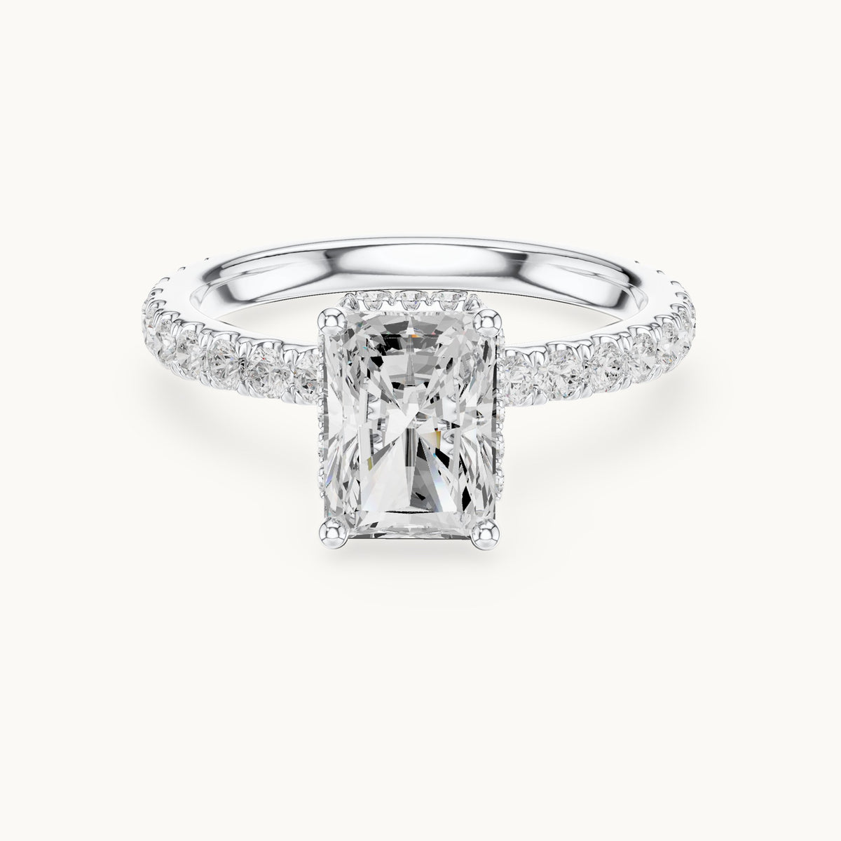 Radiant-cut lab-grown diamond pavé collar hidden halo engagement ring in white gold, 2.14 CT TW, view 4