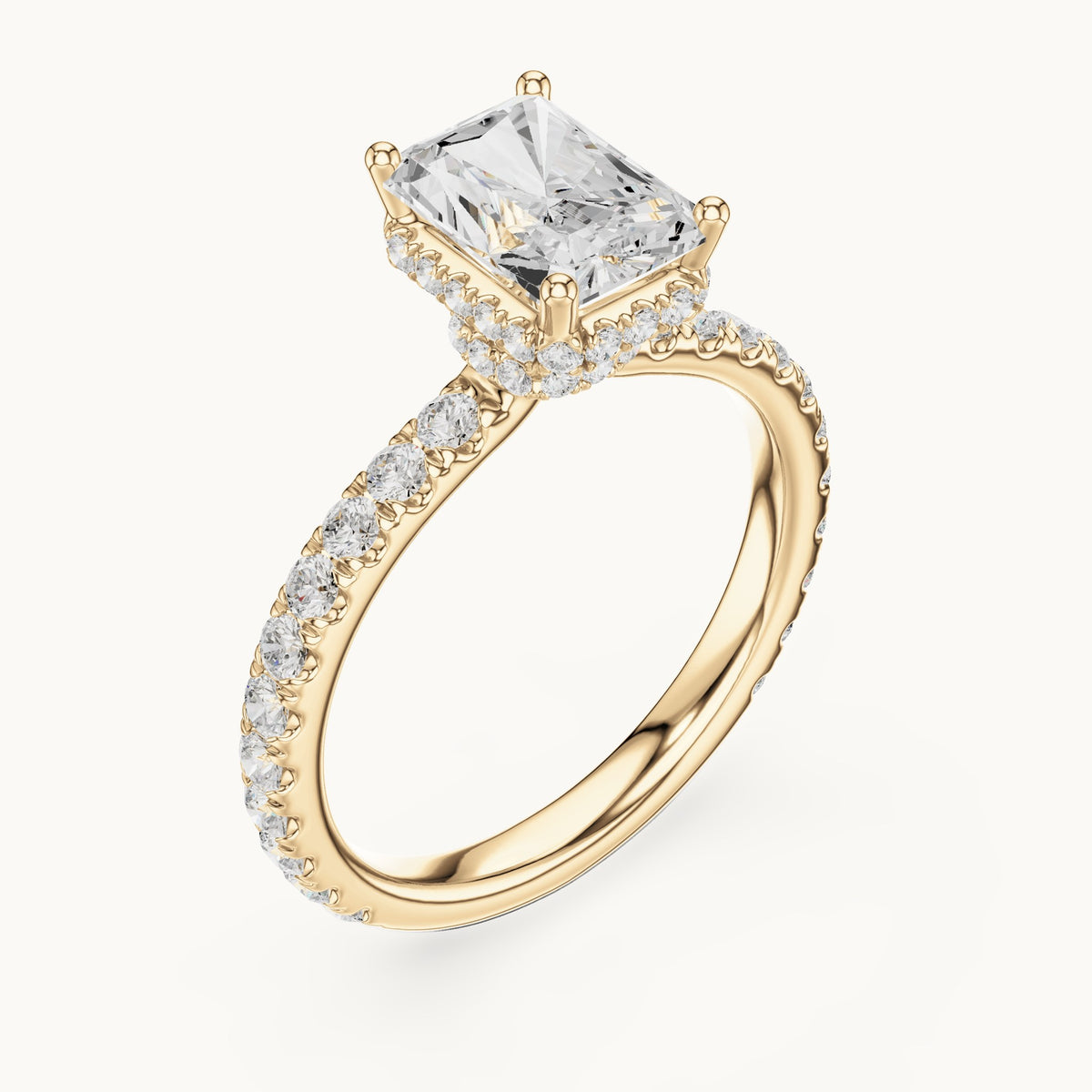 Radiant-cut lab-grown diamond pavé collar hidden halo engagement ring in yellow gold, 2.14 CT TW, view 2