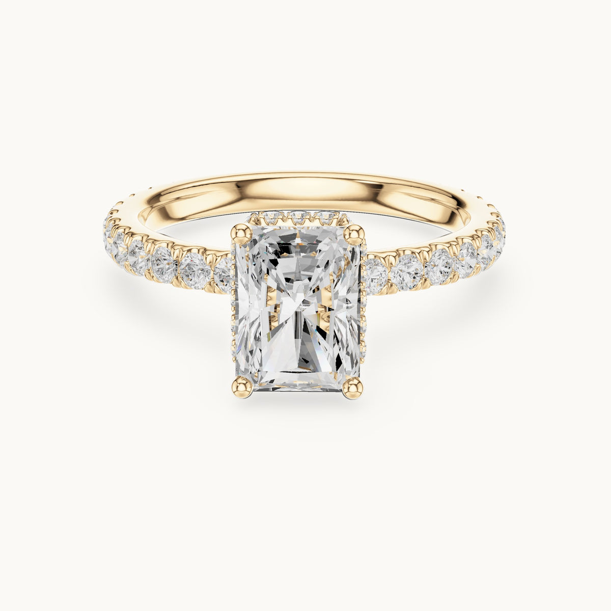 Radiant-cut lab-grown diamond pavé collar hidden halo engagement ring in yellow gold, 2.14 CT TW, view 4