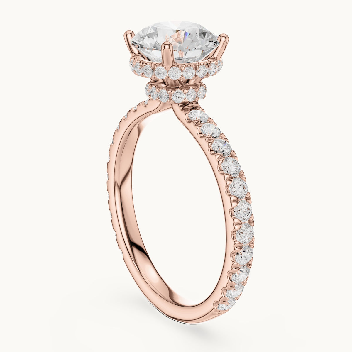 Round lab-grown diamond pavé collar hidden halo engagement ring in rose gold, 2.14 CT TW, view 1