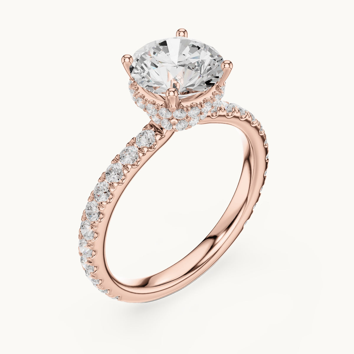 Round lab-grown diamond pavé collar hidden halo engagement ring in rose gold, 2.14 CT TW, view 2
