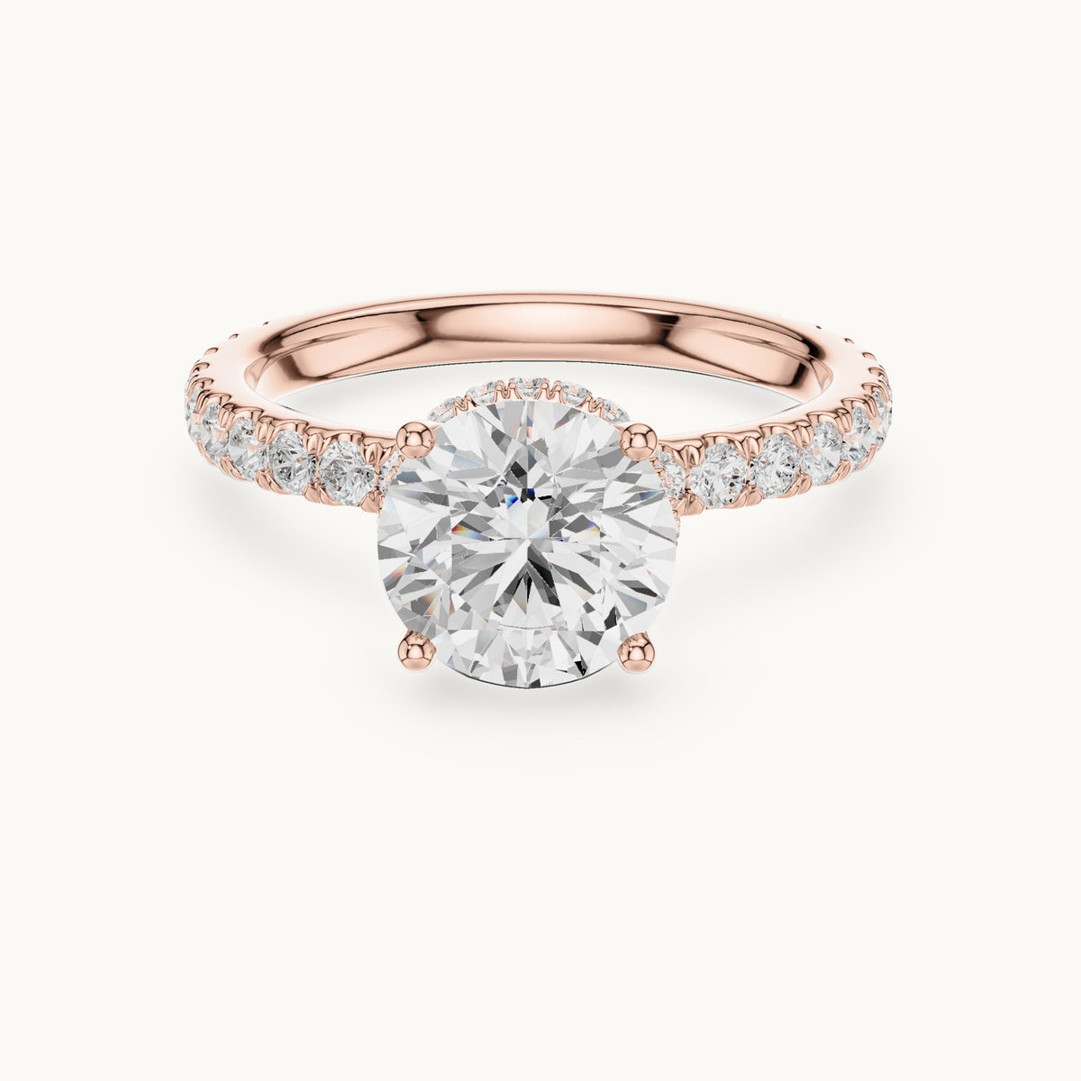 Round lab-grown diamond pavé collar hidden halo engagement ring in rose gold, 2.14 CT TW, view 4
