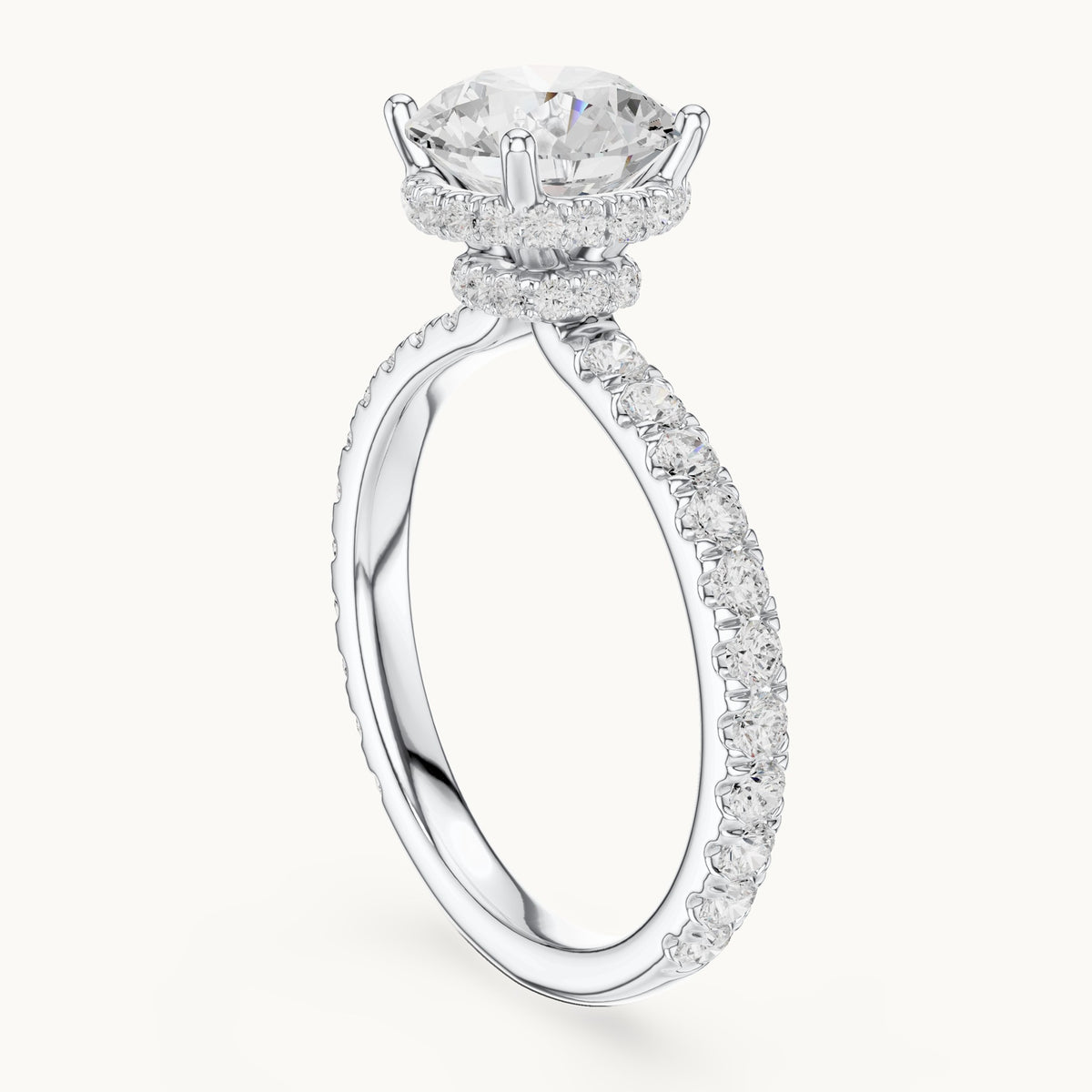 Round lab-grown diamond pavé collar hidden halo engagement ring in white gold, 2.14 CT TW, view 1