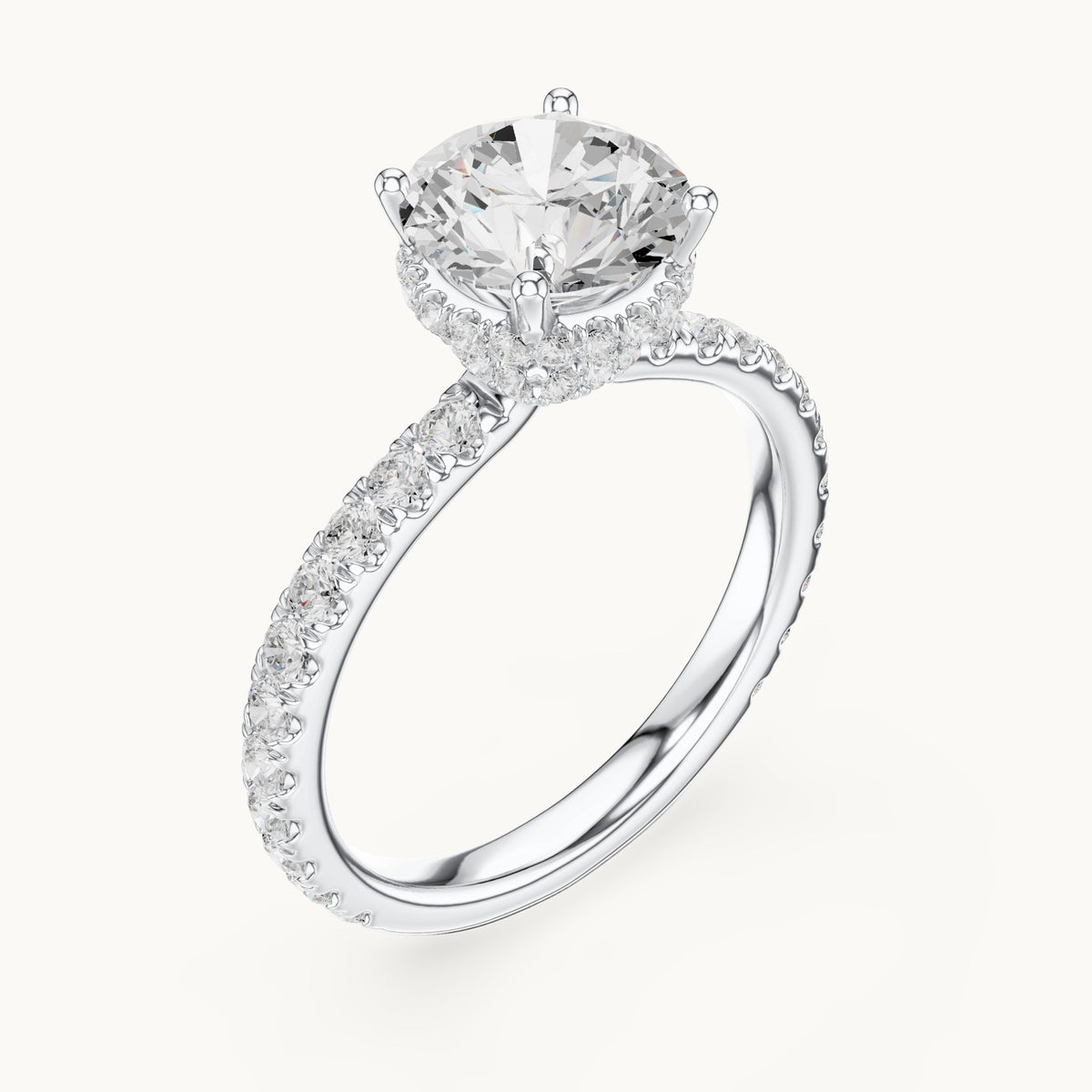 Round lab-grown diamond pavé collar hidden halo engagement ring in white gold, 2.14 CT TW, view 2
