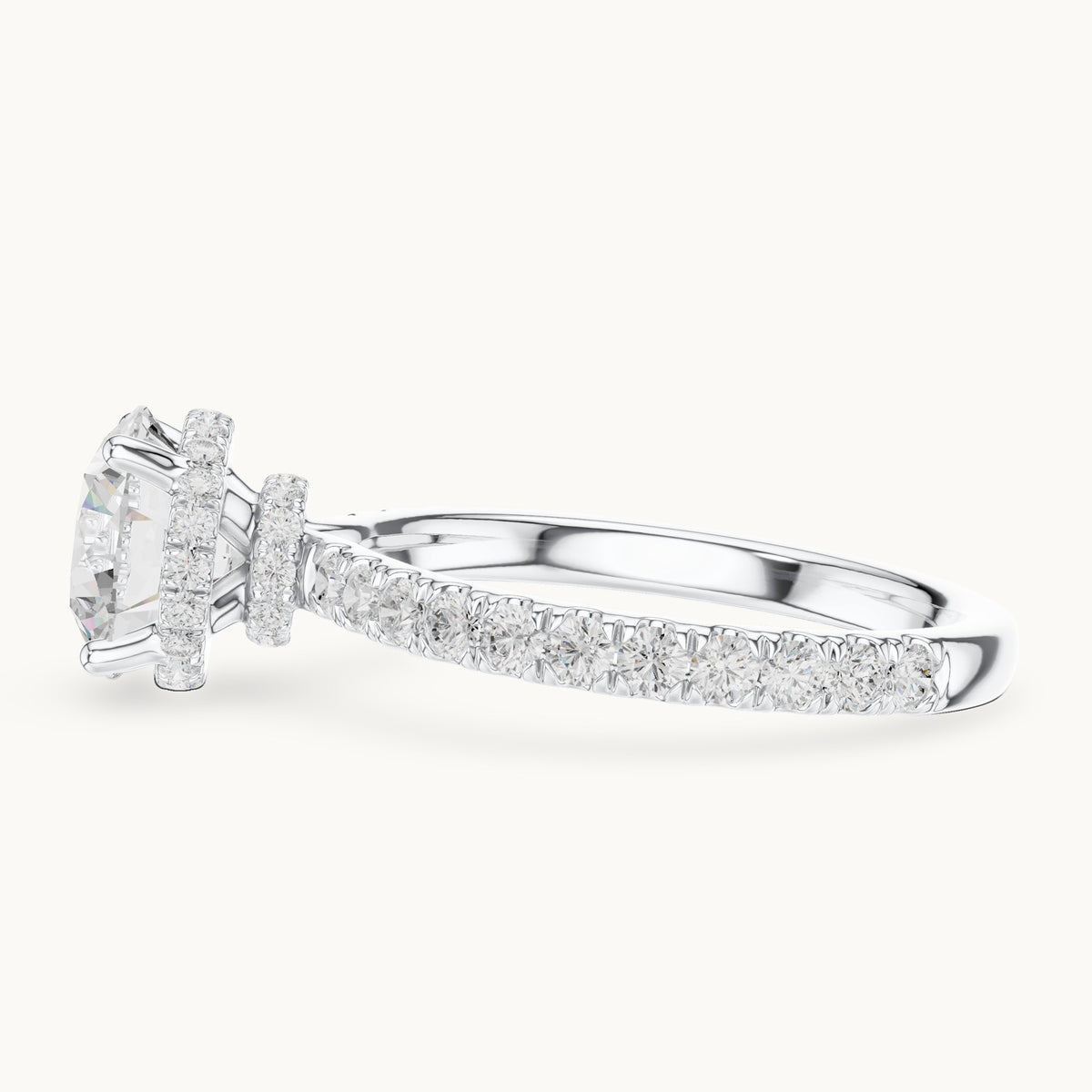 Round lab-grown diamond pavé collar hidden halo engagement ring in white gold, 2.14 CT TW, view 3