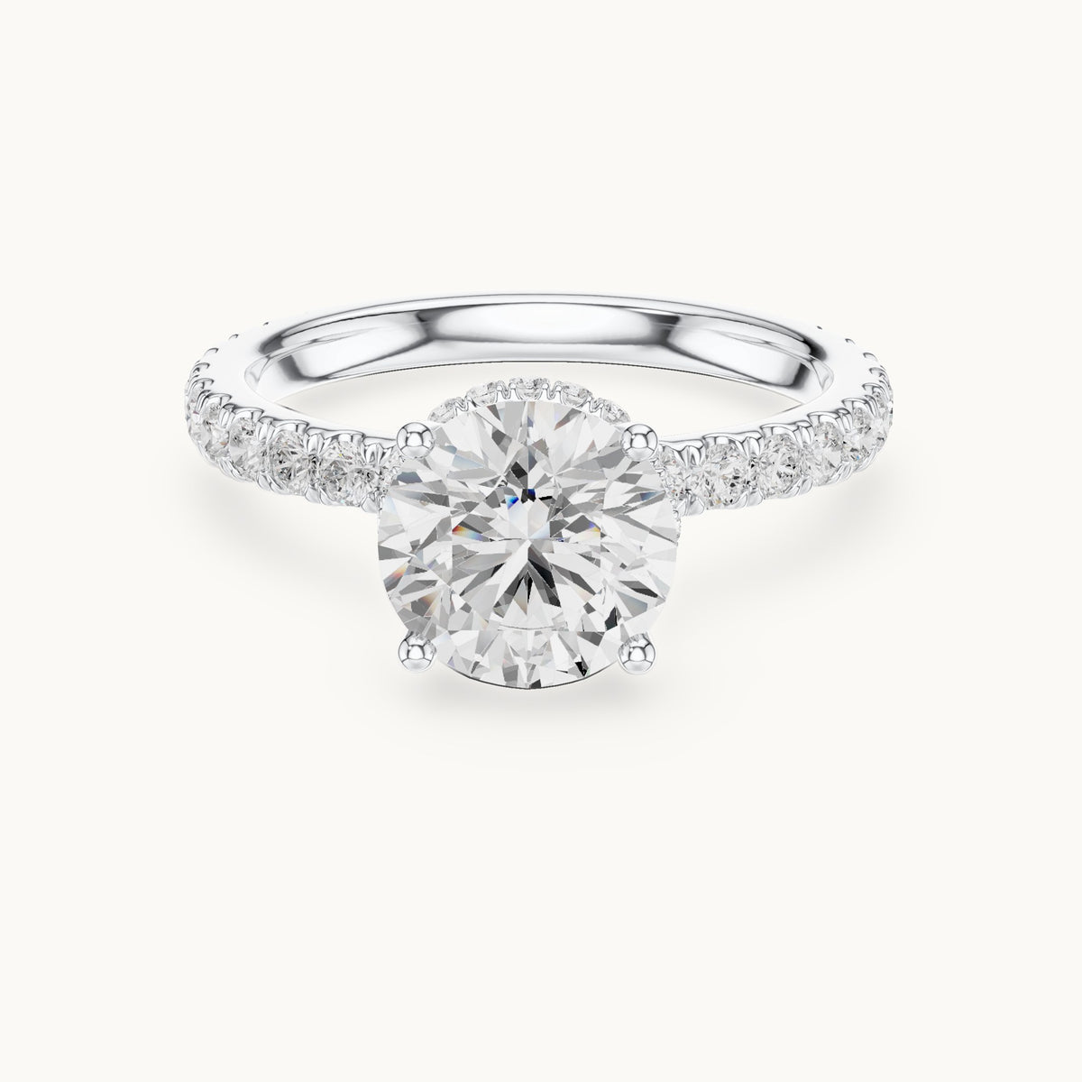 Round lab-grown diamond pavé collar hidden halo engagement ring in white gold, 2.14 CT TW, view 4