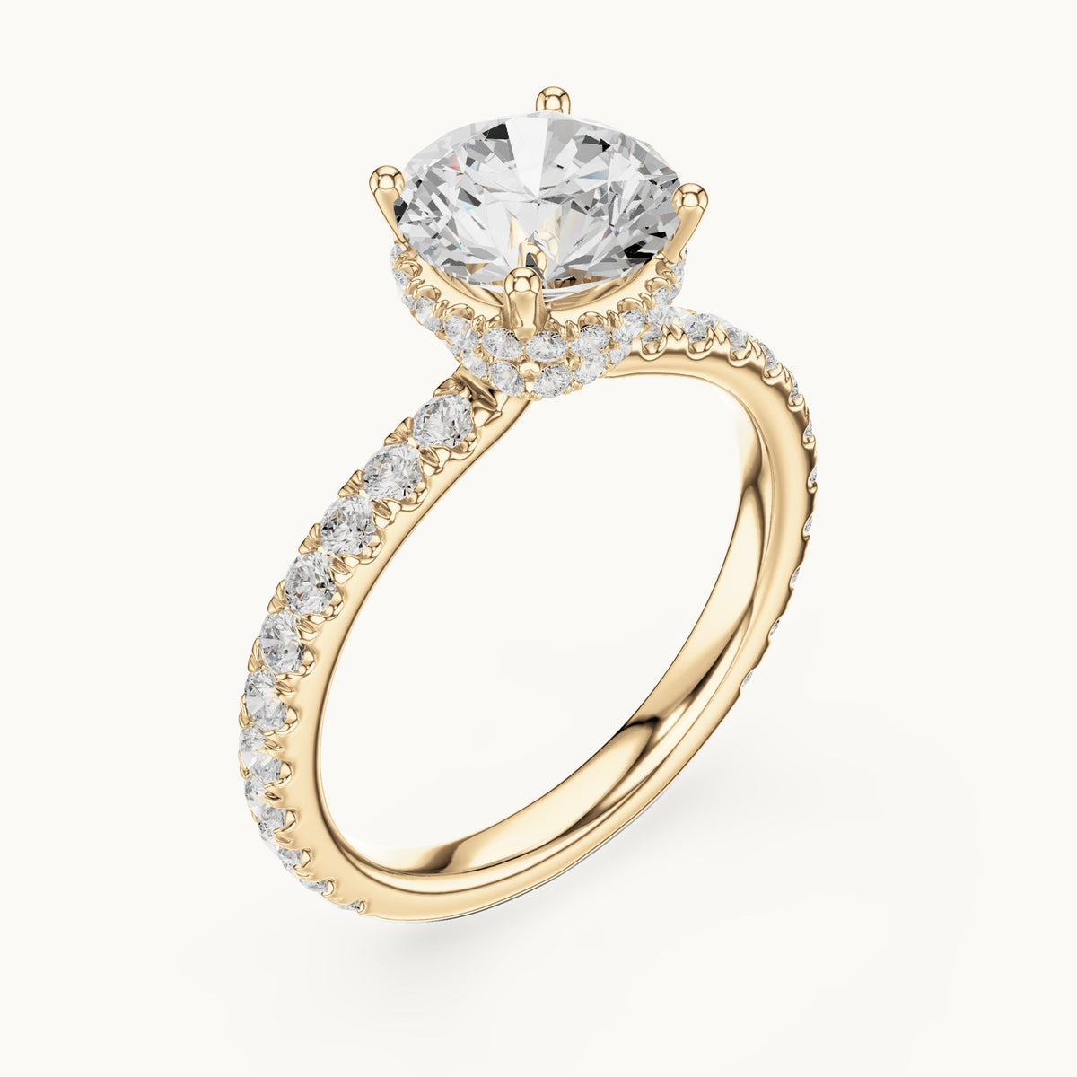 Round lab-grown diamond pavé collar hidden halo engagement ring in yellow gold, 2.14 CT TW, view 2