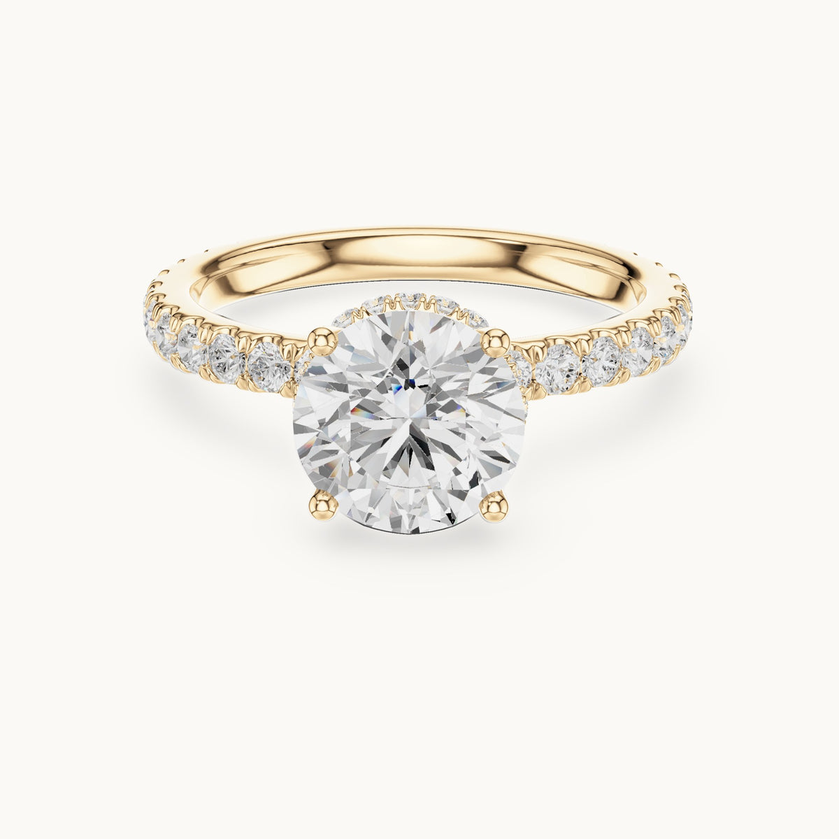 Round lab-grown diamond pavé collar hidden halo engagement ring in yellow gold, 2.14 CT TW, view 4