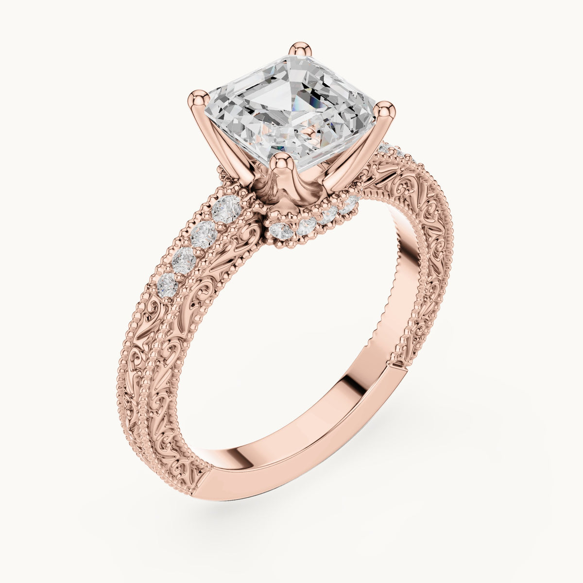 Asscher-cut lab-grown diamond vintage engraved pavé engagement ring in rose gold, 2.19 CT TW, view 2