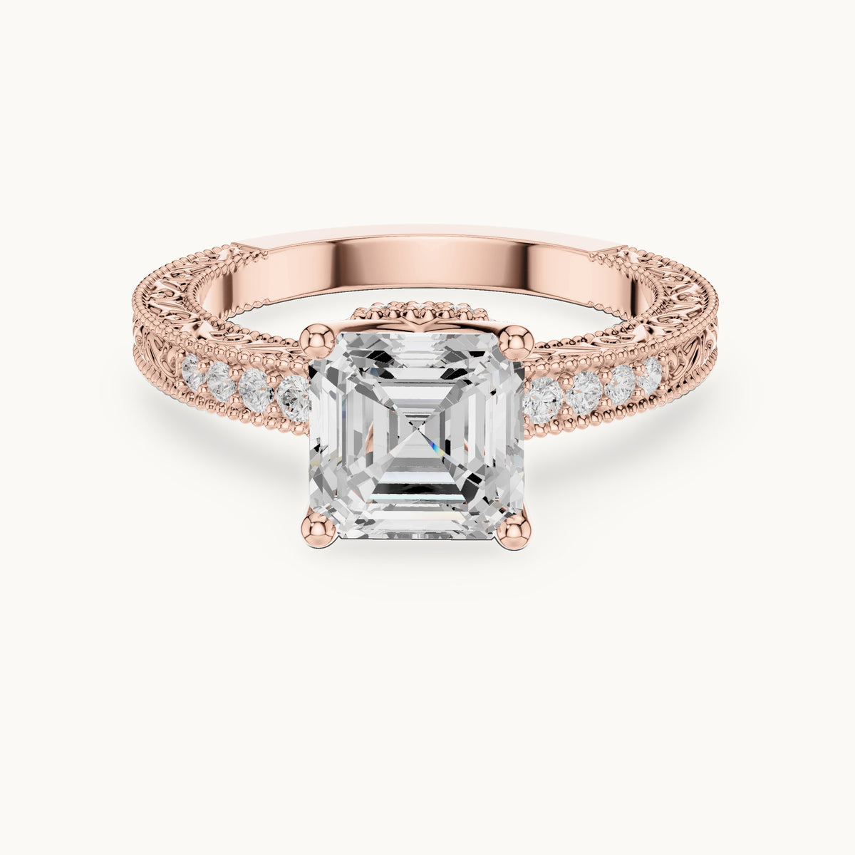 Asscher-cut lab-grown diamond vintage engraved pavé engagement ring in rose gold, 2.19 CT TW, view 4