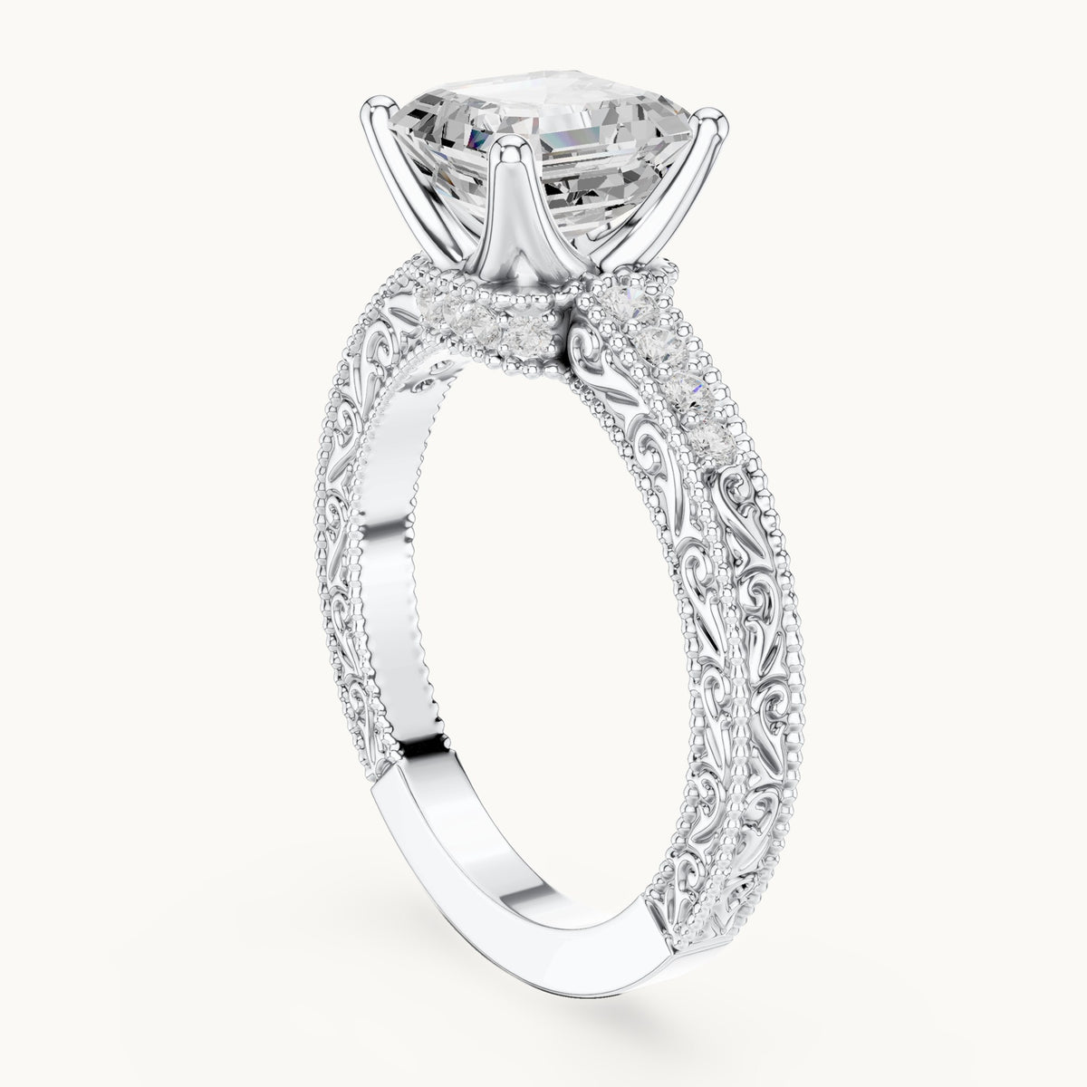 Asscher-cut lab-grown diamond vintage engraved pavé engagement ring in white gold, 2.19 CT TW, view 1