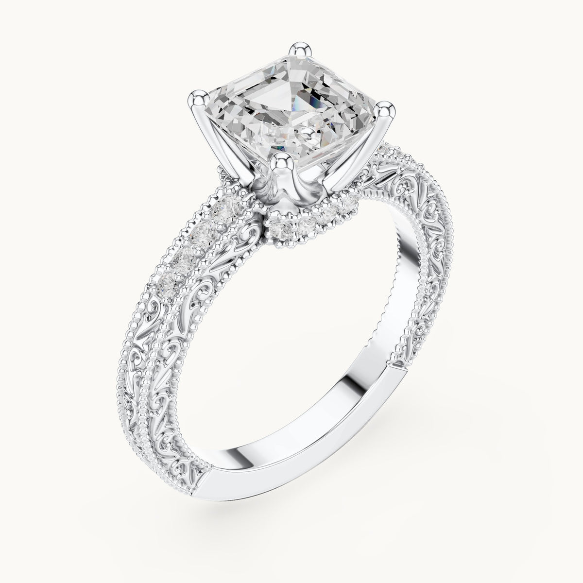 Asscher-cut lab-grown diamond vintage engraved pavé engagement ring in white gold, 2.19 CT TW, view 2