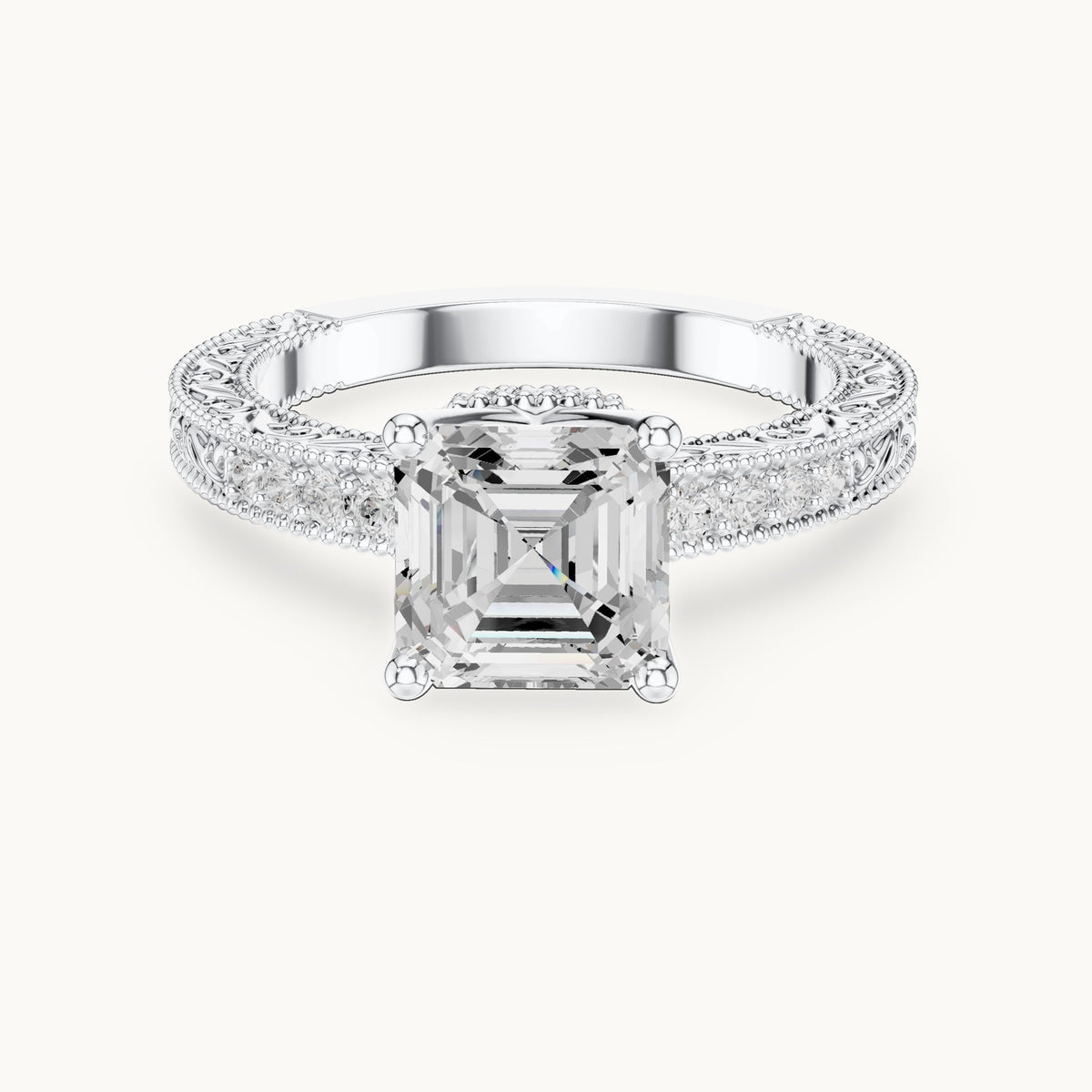 Asscher-cut lab-grown diamond vintage engraved pavé engagement ring in white gold, 2.19 CT TW, view 4