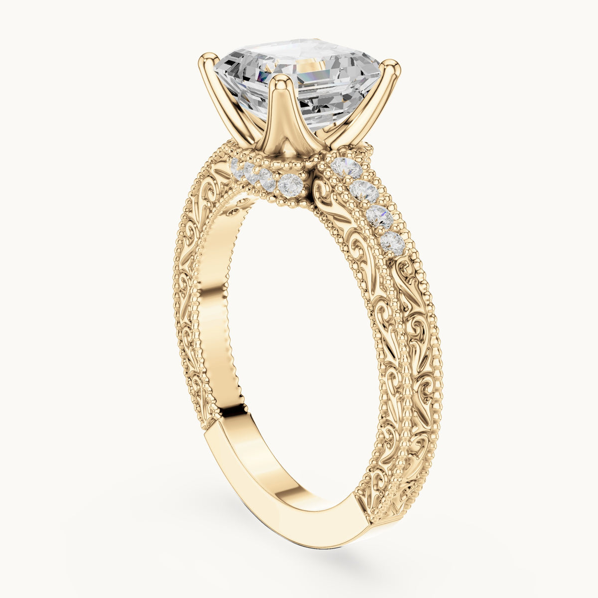 Asscher-cut lab-grown diamond vintage engraved pavé engagement ring in yellow gold, 2.19 CT TW, view 1