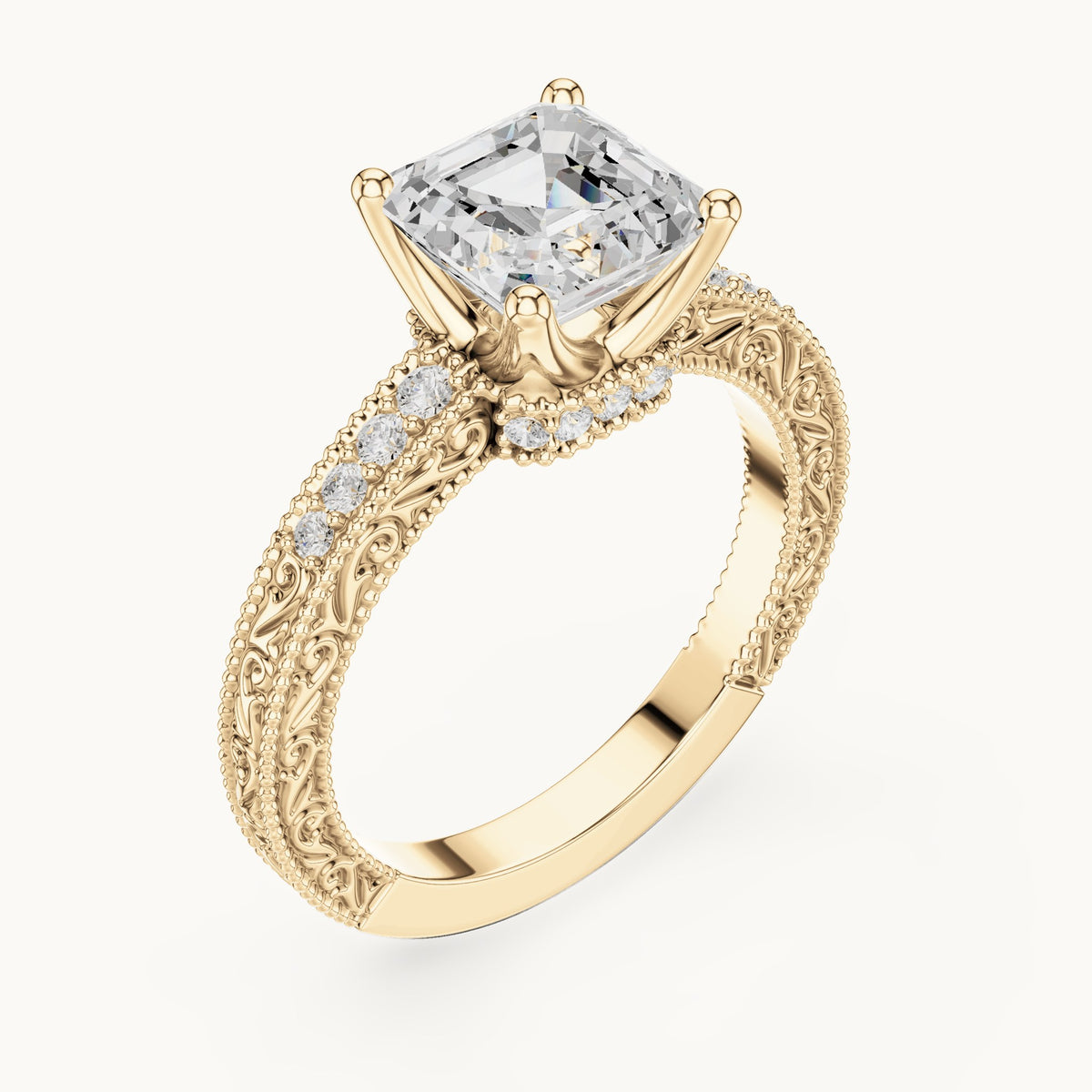 Asscher-cut lab-grown diamond vintage engraved pavé engagement ring in yellow gold, 2.19 CT TW, view 2