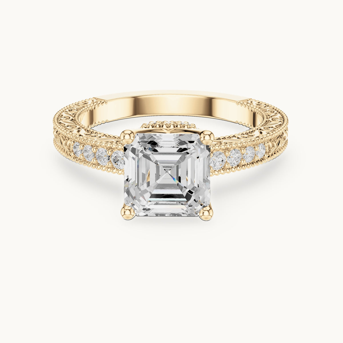 Asscher-cut lab-grown diamond vintage engraved pavé engagement ring in yellow gold, 2.19 CT TW, view 4