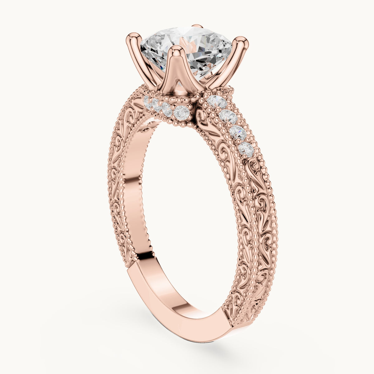 Cushion-cut lab-grown diamond vintage engraved pavé engagement ring in rose gold, 2.19 CT TW, view 1