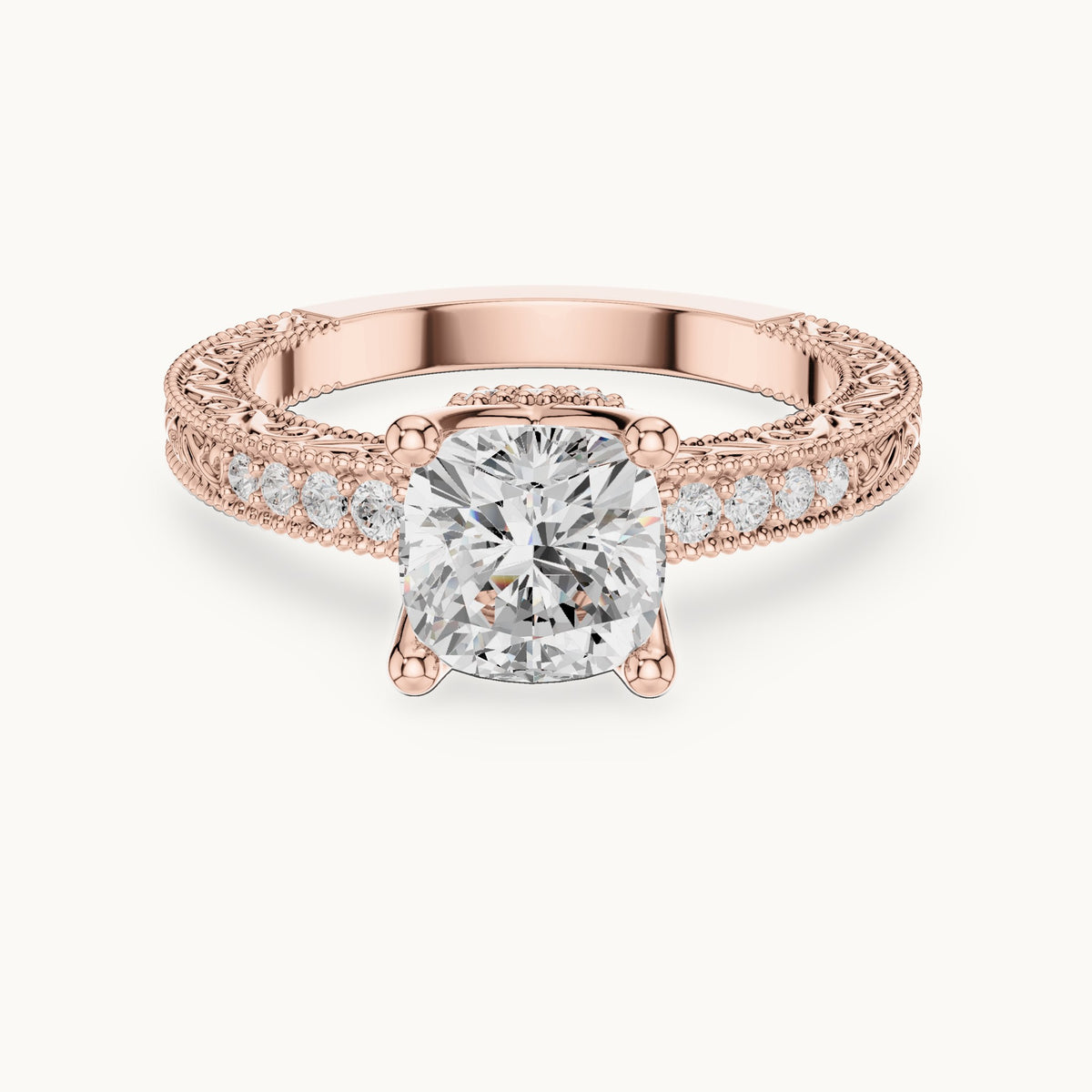 Cushion-cut lab-grown diamond vintage engraved pavé engagement ring in rose gold, 2.19 CT TW, view 4
