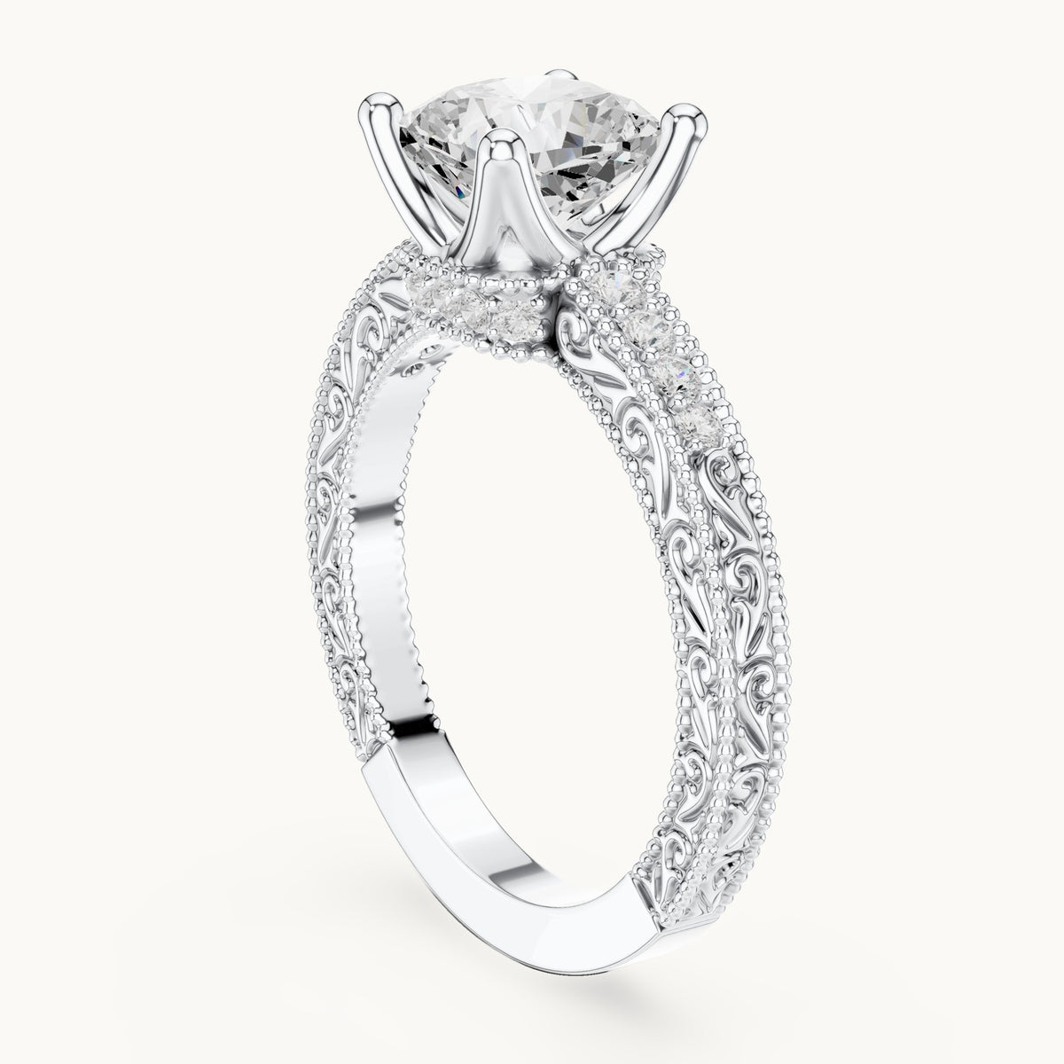 Cushion-cut lab-grown diamond vintage engraved pavé engagement ring in white gold, 2.19 CT TW, view 1