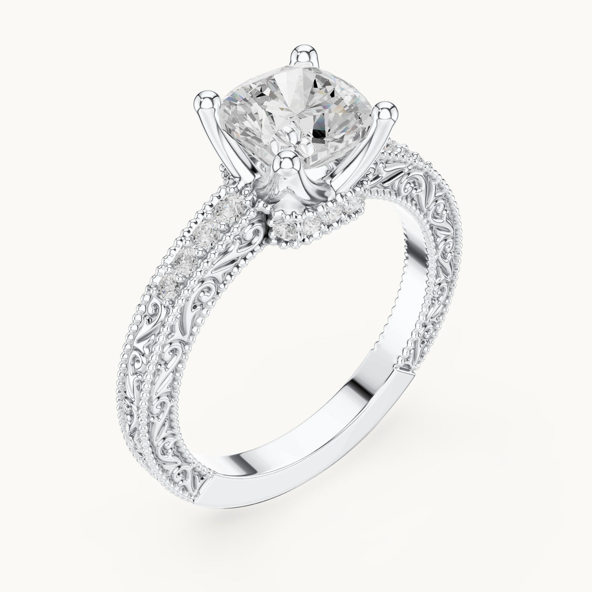 Cushion-cut lab-grown diamond vintage engraved pavé engagement ring in white gold, 2.19 CT TW, view 2