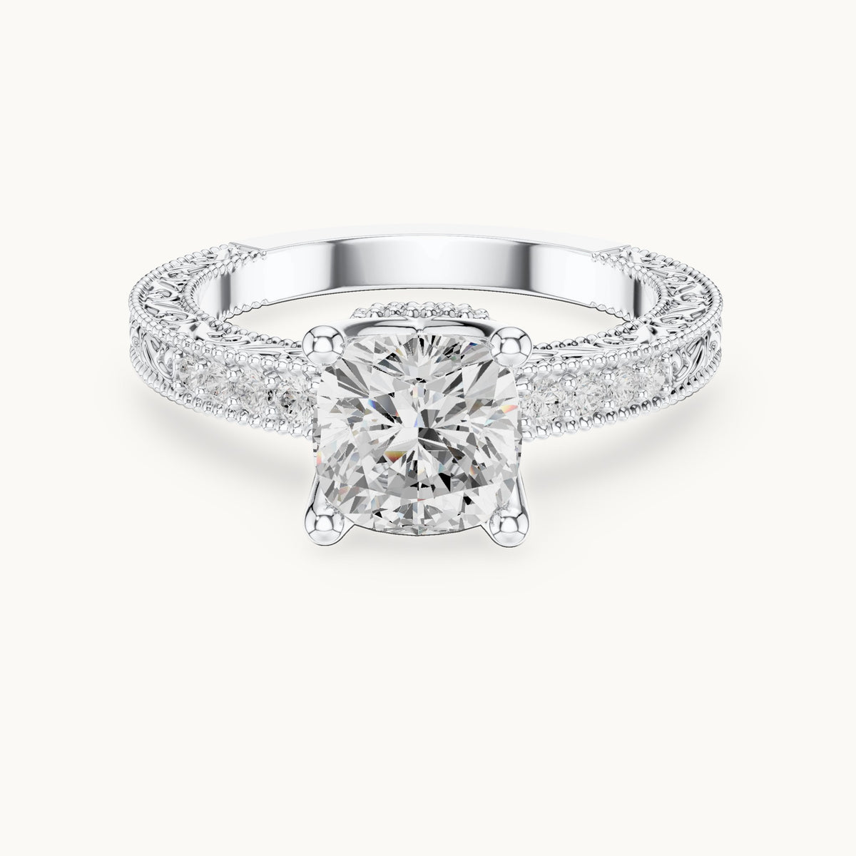 Cushion-cut lab-grown diamond vintage engraved pavé engagement ring in white gold, 2.19 CT TW, view 4