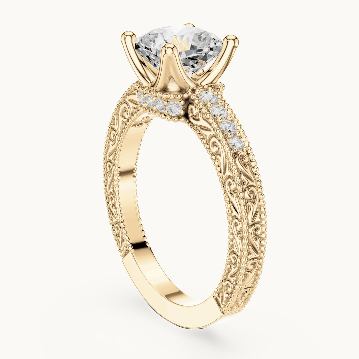Cushion-cut lab-grown diamond vintage engraved pavé engagement ring in yellow gold, 2.19 CT TW, view 1