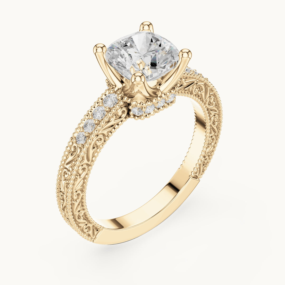 Cushion-cut lab-grown diamond vintage engraved pavé engagement ring in yellow gold, 2.19 CT TW, view 2