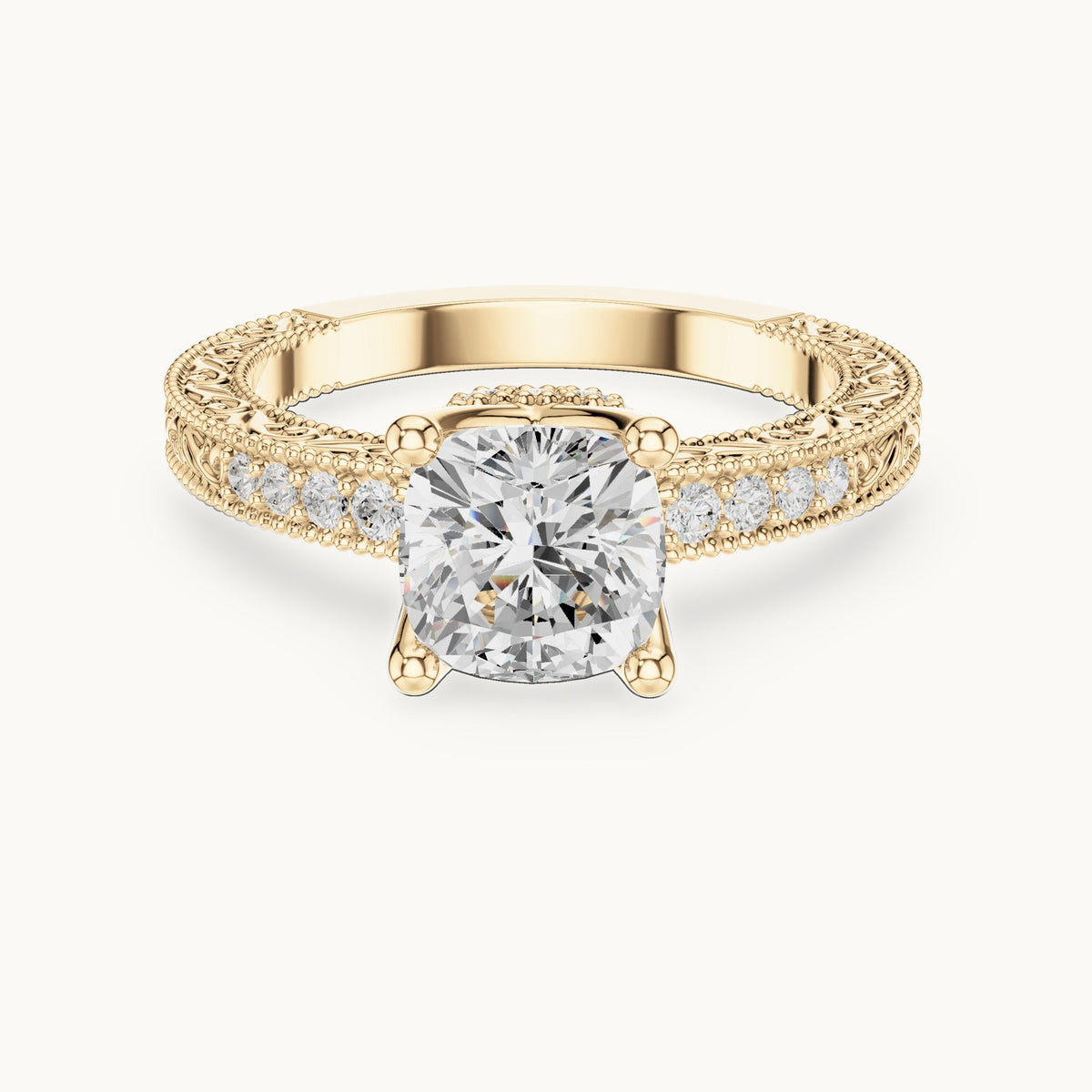 Cushion-cut lab-grown diamond vintage engraved pavé engagement ring in yellow gold, 2.19 CT TW, view 4