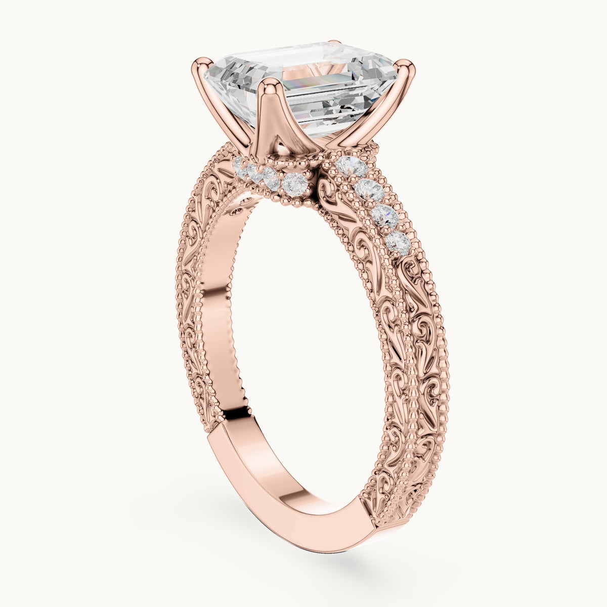 Emerald-cut lab-grown diamond vintage engraved pavé engagement ring in rose gold, 2.21 CT TW, view 1