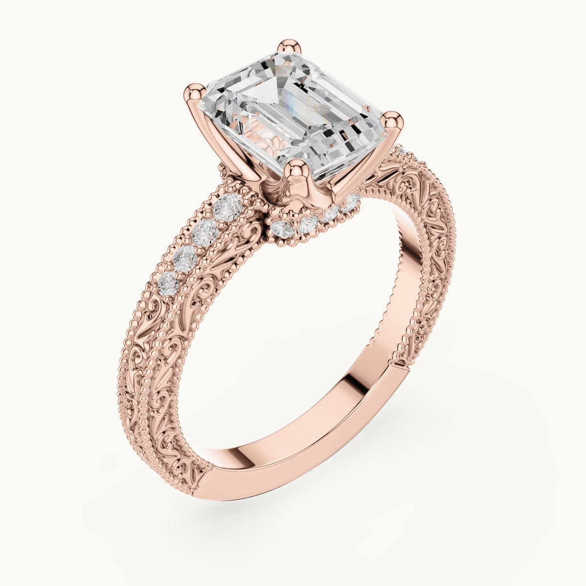 Emerald-cut lab-grown diamond vintage engraved pavé engagement ring in rose gold, 2.21 CT TW, view 2
