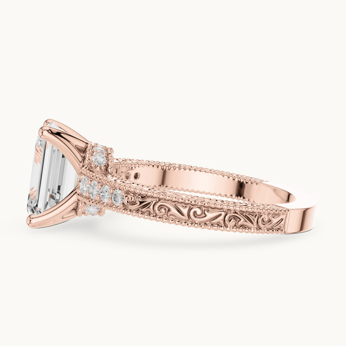 Emerald-cut lab-grown diamond vintage engraved pavé engagement ring in rose gold, 2.21 CT TW, view 3