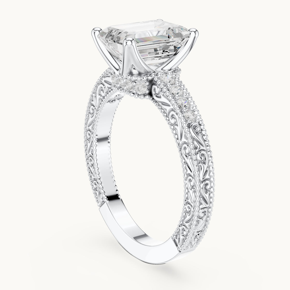 Emerald-cut lab-grown diamond vintage engraved pavé engagement ring in white gold, 2.21 CT TW, view 1