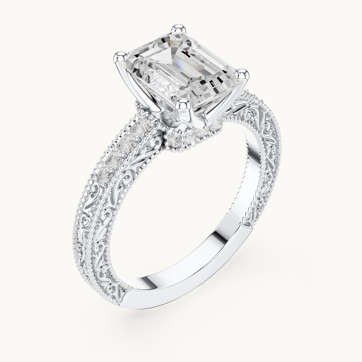 Emerald-cut lab-grown diamond vintage engraved pavé engagement ring in white gold, 2.21 CT TW, view 2