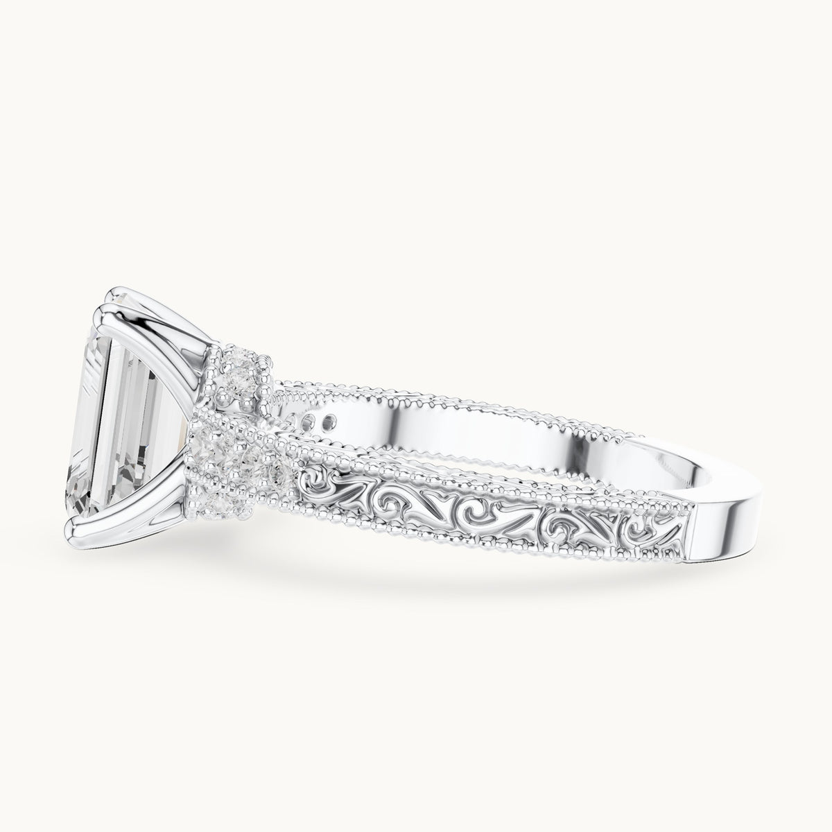 Emerald-cut lab-grown diamond vintage engraved pavé engagement ring in white gold, 2.21 CT TW, view 3