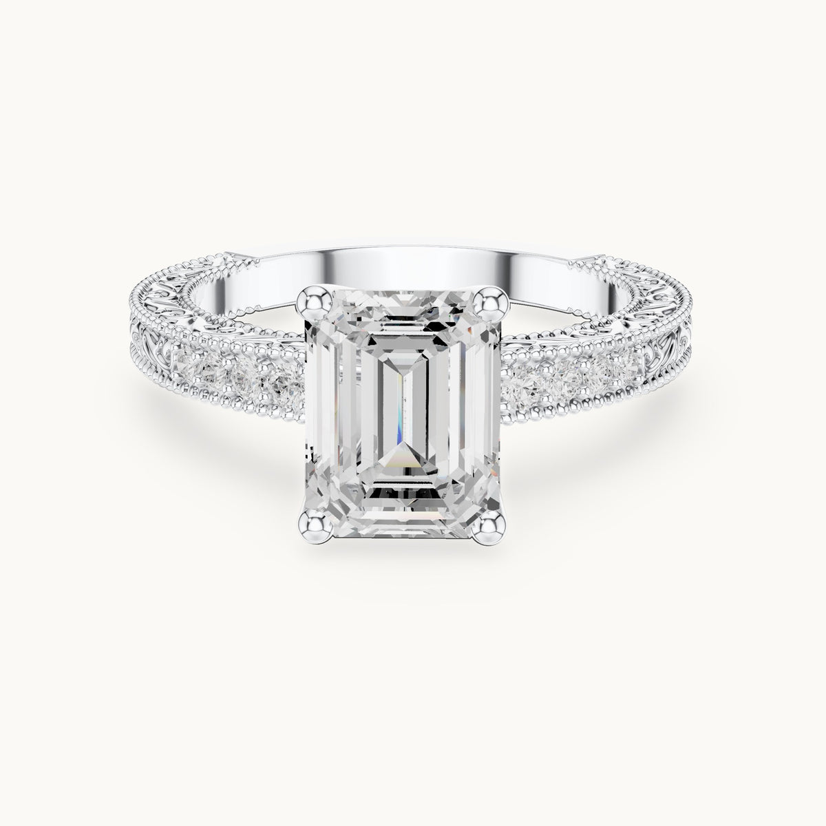Emerald-cut lab-grown diamond vintage engraved pavé engagement ring in white gold, 2.21 CT TW, view 4